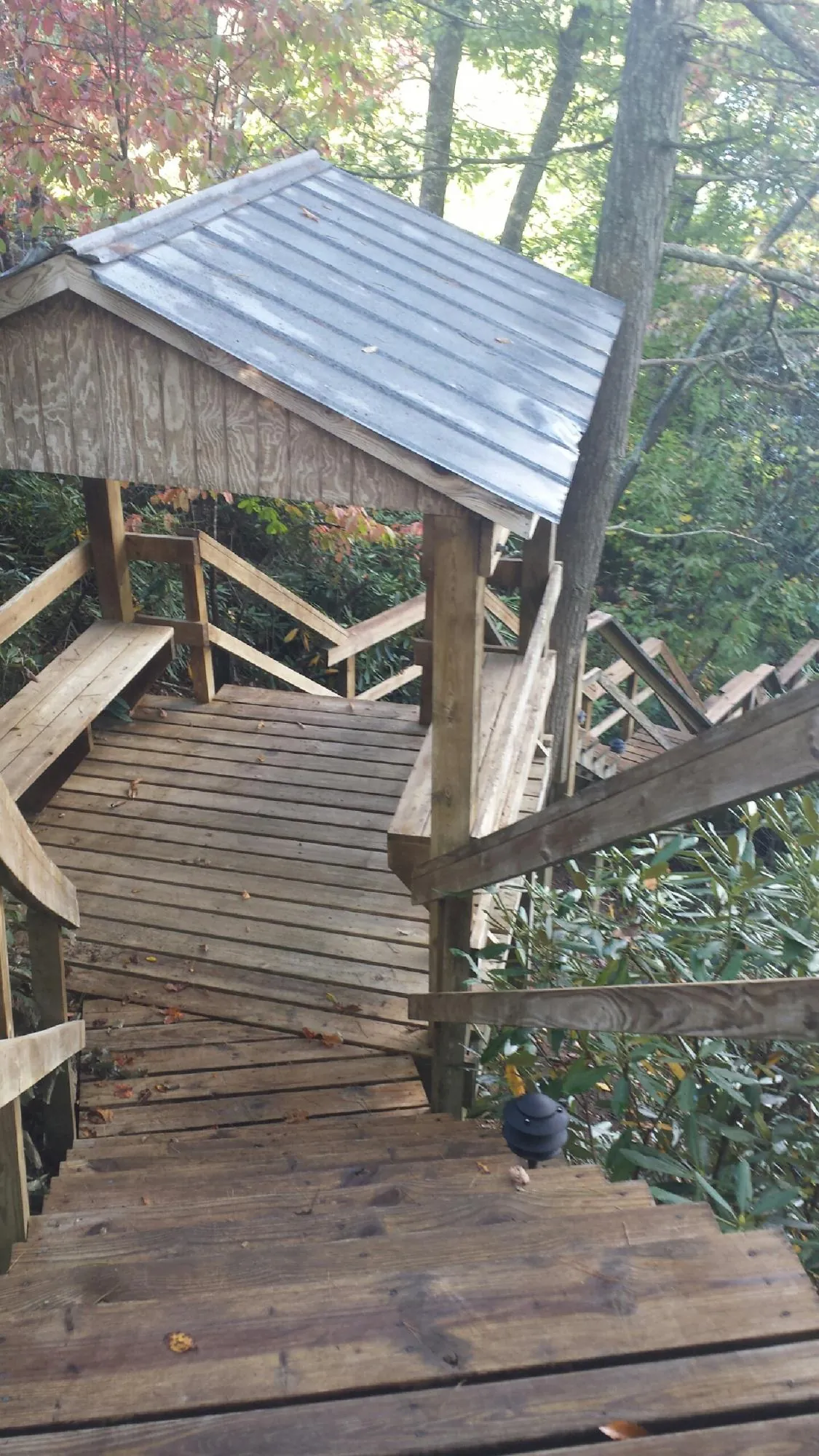 Metal roofed shelter over wooden steps on a wooded walkway — Skylight Repair & Installation work by our crew in Eudora